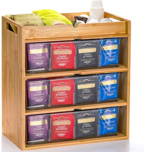 Amazon.com: Tlence 3 Tier Bamboo Tea Bag Storage Organizer, 14" x 11" x 6.5" Vertical Tea Packet Rack with Drawer, Store Over 180 Tea Bags Wood Tea Station with Acrylic Partition for Countertop Office Kitchen : Home & Kitchen Tea Station Ideas Small Spaces, Tea Pantry, Acrylic Partition, Loose Leaf Tea Storage, Tea Bag Storage, Tea Display, Office Pantry, Tea Bag Organizer, Tea Station