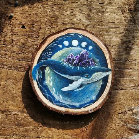 Whale Acrylic Paintings, Whale Painted Rock, Humpback Whale Painting, Ocean Whale Painting, Wood Whale, Whale Wood Art, Magical Paintings, Polymer Clay Painting, Whale Painting