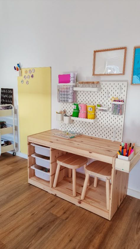 Here it is! Mr twos very own little art area 🖌🖍 We are loving the Trofast hack I done a couple weeks ago, I've added in a shelf for the… | Instagram Table For Playroom, Dundra Table Hack, Toddler Craft Table, Trofast Shelf, Lustigt Ikea Shelf, Family And Playroom Combo, Trofast Table, Ikea Trofast Desk Hack, Trofast Desk