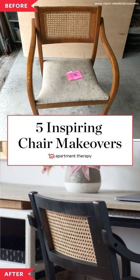 With a little paint, stain, or fabric and minimal DIY skills, you can turn worn-out seats into furniture that’s worthy of a place at your table. I #diningchairs #diningchairmakeovers #chairmakeovers #DIY #DIYProjects Refinished Dining Chairs, Wooden Chair Redo, Cane Back Chair Makeover, Cane Chair Redo, Cane Chair Makeover, Vintage Chairs Makeover, Upcycled Dining Chairs, Refurbished Chairs, Dining Chair Makeover