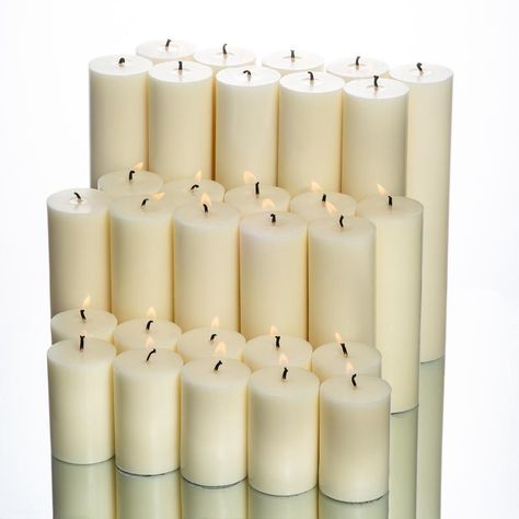 Pillar Candles - Save-On-Crafts Restaurant Candles, Table Floral Decorations, Wedding Pillars, Ivory Pillar Candles, Candlelit Wedding, Candles Light, Glass Pillar Candle Holders, Candle Reading, White Pillar Candles