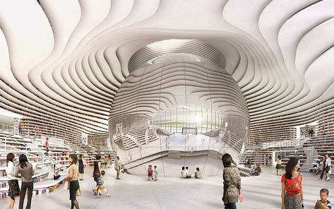 Photos Of The New Colossal Futuristic Library In China With 1.2 Million Books Tianjin Binhai Library, Futuristic Library, Library Plan, False Ceiling Living Room, Library Pictures, Cultural Centre, Library Design, False Ceiling Design, Tianjin