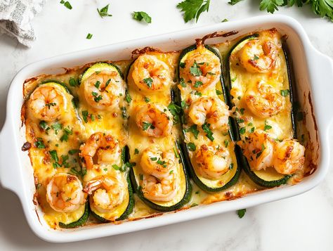 Garlicky Shrimp Zucchini Boats Recipe Garlic Shrimp Zucchini Boats, Garlicky Shrimp Zucchini Boats, Zucchini Boats Shrimp, Shrimp Zucchini Boats, Zucchini Boats Recipe, Guest Recipes, Shrimp Zucchini, Garlicky Shrimp, Zucchini Boat Recipes