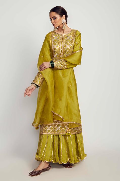 Buy Pink City Green Silk Chanderi Kurta Sharara Set Online | Aza Fashions Kurta Skirt, Long Kurtas, Embroidered Sharara, Sharara Pants, Kurta Sharara Set, Kurta Sharara, Traditional Attires, Long Kurta, Sharara Set