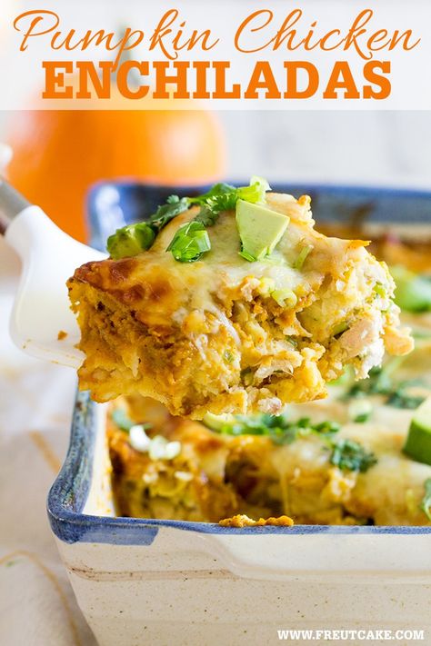 Pumpkin Chicken Enchiladas with a Pumpkin Enchilada Sauce make an easy and delicious family weeknight or weekend dinner perfect for fall. #enchiladas #pumpkin #chickenenchiladas #pumpkinenchiladas #enchiladasauce #glutenfree #glutenfreeenchiladas #pumpkinspice #dinner #weeknightdinner #easydinner #rotisseriechicken Fall Enchiladas, Chic Filet, Rotisserie Chicken Enchiladas, Fall Yummies, Pumpkin Chicken, Chicken Pumpkin, Friends Recipes, Vegetarian Mexican, Enchilada Recipe