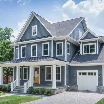 75 Blue Exterior Home Ideas You'll Love - July, 2022 | Houzz Blue House With Front Porch, Exterior House Blue, Blue Gray House Exterior, Blue Gray Exterior House Colors, Blue House White Trim, Blue Farmhouse Exterior, Blue Home Exterior, Blue Exterior House Colors, House With Front Porch