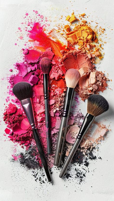 Four makeup brushes, covered in vibrant eyeshadow and blush, lay on a white surface. Generative AI royalty free stock photography Makeup Products Aesthetic Photography, Makeup Brushes Photography, Makeup Products Photography, Mack Up, Hindu Wedding Invitations, Makeup Brush Kit, Lay On, Professional Makeup Brushes, Vintage Makeup