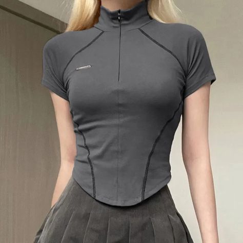 Trisica - Short / Long Sleeve Mock Neck Contrast Stitching Crop Zip Slim Fit Tee | YesStyle American Casual, Girl Standing, Mua Sắm, Collar Top, Sports Shirts, Sport Fashion, Shirts For Girls, Mock Neck, Casual Style