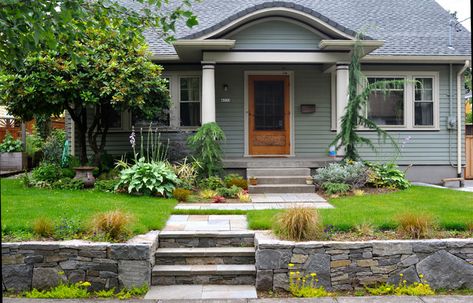 Basalt Retaining Wall, Bluestone Stairs + Entry Path - traditional - landscape - portland - by Pistils Landscape Design Front Yard Retaining Wall, Yard Retaining Wall, Craftsman Curb Appeal, Craftsman Landscaping, Sloped Front Yard, Small Retaining Wall, Yard Stones, Building A Retaining Wall, Front Yards Curb Appeal