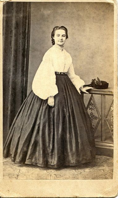 Smiling lady wearing a white Garibaldi shirt | Flickr - Photo Sharing! Little Women Costumes, Smiling Lady, 1860 Fashion, 19th Century Clothing, York Pennsylvania, York County, 1800s Fashion, 19th Century Fashion, Retro Pin Up