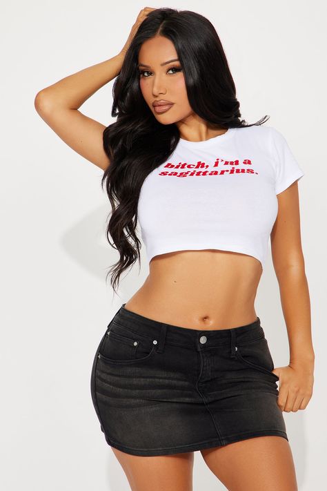 Available In White. "Bitch I'm An Sagittarius" Verbiage Crew Neck Short Sleeve Fitted 95% Cotton 5% Spandex Imported | Bitch I'm A Sagittarius Fitted Tee Shirt in White size Large by Fashion Nova Women Tees, Fitted Tee, Matching Dresses, White Fashion, Graphic Tees Women, Workout Tee, Jigsaw Puzzle, Womens Clothing Tops, Shirt Design