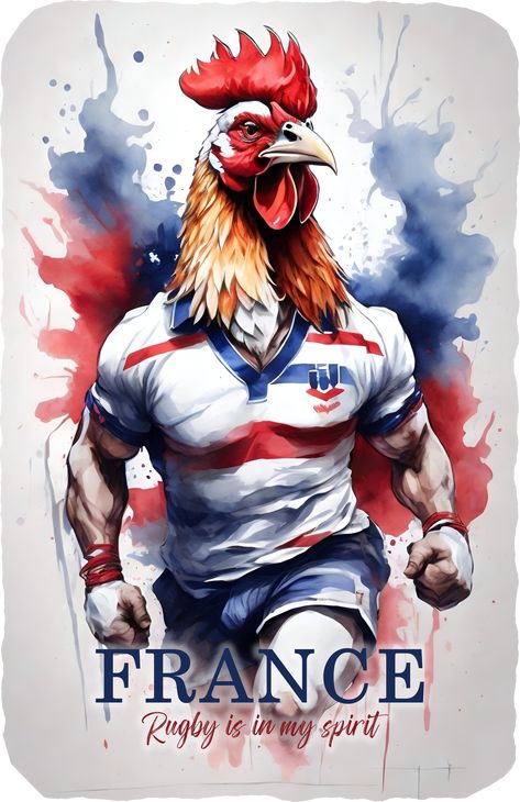 Alternate design for our France Rugby 2023 T-Shirt. Featuring a majestic French Cockerel, in watercolour style. Representing a proud & powerful French rugby player. This UK based, digital designed T-shirt has the meaningful slogan "Rugby is in my spirit". It is an ideal gift for all French rugby fans & a must have souvenir of the 2023 rugby tournament! Rugby Tattoo, Rugby Images, Rugby Photos, Photo Rugby, Rugby France, Rugby Wallpaper, Rugby Birthday, Rugby Party, French Logo