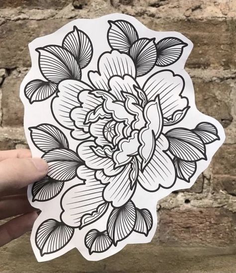 Thick Outline Tattoo, Neo Traditional Black Tattoo, Traditional Peony Tattoo Design, American Traditional Peony Tattoo, Peony Traditional Tattoo, Knee Flower Tattoo, Tattoo Portfolio Ideas, Traditional Floral Tattoo, Traditional Peony Tattoo