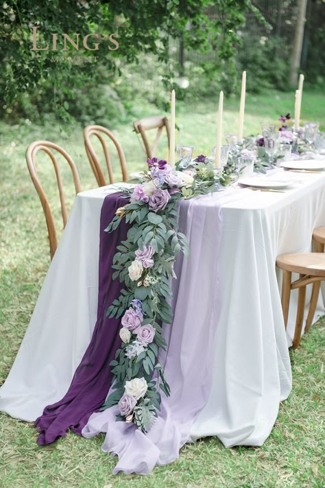 Lavender Wisteria, Banyan Leaf, Lavender Wedding Theme, Tangled Wedding, Wisteria Wedding, Eucalyptus Flower, Purple And Green Wedding, Purple Table, Purple Wedding Theme