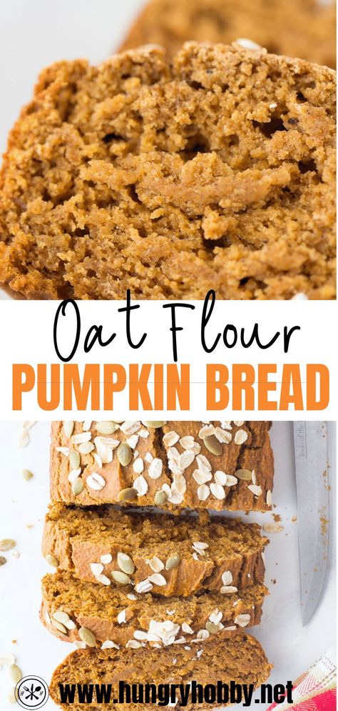 This pumpkin oat flour bread is a deliciously hearty and healthy quick bread filled with pumpkin spice flavors like nutmeg, cinnamon, & allspice in every bite. No refined flour, sugar, or oil! #dairyfree #glutenfree #oatflour #oats #breakfast #bread #pumpkin #snack #dessert #hungryhobby Recipes With Oat Flour, Oat Flour Biscuits, Oat Flour Pumpkin Bread, Oat Flour Bread, Oat Flour Recipes, Bread Pumpkin, Pumpkin Snack, Healthy Pumpkin Bread, Pumpkin Oats