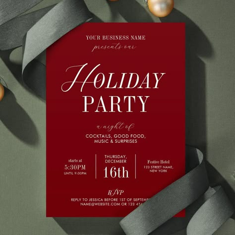 Enchanting Christmas party flyer design!  A festive red flyer, adorned with shimmering silver ribbon and ornaments, pops against a rich green background. Perfect for elegant Christmas celebrations.  Ideal for Christmas party invitations using fairy elegant fonts.
#FairyTypography #ad Elegant Christmas Invitations Design, Fancy Christmas Party Invitations, Formal Christmas Party Invitations, Christmas Gala Invitation, Work Christmas Party Invitations, Christmas Party Card Invitation, Christmas Invite Design, Christmas Dinner Party Invitations, Office Holiday Party Invite