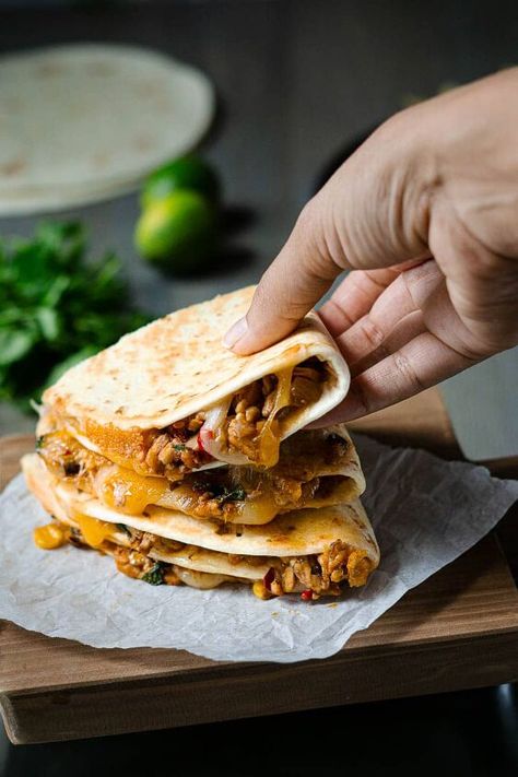 Green Chile Queso, Queso Sauce, Vegetarian Quesadillas, Avocado Cilantro Dressing, Veggie Quesadilla, Protein Vegetables, Vegetarian Quesadilla, Fresh Tortillas, Vegetarian Mexican