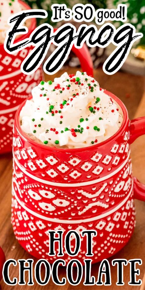 Eggnog Hot Chocolate combines two winter favorites into one rich, creamy, and delicious beverage that you'll want to sip all season long! via @sugarandsoulco Eggnog Hot Chocolate, Creamy Hot Chocolate Recipe, Eggnog Drinks, Hot Cocoa Mix Recipe, Hot Chocolate Mix Recipe, Hot Toddies Recipe, Homemade Hot Chocolate Mix, Homemade Eggnog, Chocolate Recipes Homemade