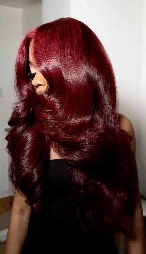 Red Head Black Woman, Cute Weave Hairstyles For Black Women, Colored Lace Front Wigs Black Women, Deep Red Wig, Ombré Red Hair, Burgundy Hair Styles, Wig Colors Black Women, Fall Hair Colors For Black Women, Dark Red Wig