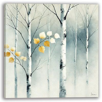 This minimalist autumn birch tree painting captures the beauty of simplicity. Featuring delicate golden and white leaves against a soft, misty backdrop, this piece adds a calm and serene vibe to any space. Perfect for those who appreciate subtle elegance and nature-inspired décor, this canvas art will elevate your interior with a clean, modern touch. Millwood Pines Overall Size: 30" H x 30" W x 1.5" D | Millwood Pines Minimalist Autumn Birch Tree Art - & White Leaves Canvas in Gold | 30" H x 30" Minimalist Autumn, Birch Tree Art, Birch Tree Painting, Hand Painted Wine Bottles, Winter Watercolor, White Leaves, Watercolor Pictures, Nature Inspired Decor, Subtle Elegance