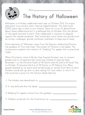 Practice reading comprehension by reading the short story about the history of Halloween and then answering the questions at the bottom of the page. 2nd Grade Halloween, The History Of Halloween, Worksheets For 2nd Grade, Halloween Reading Comprehension, Halloween Worksheet, History Of Halloween, Science Reading Comprehension, Halloween History, Halloween Reading