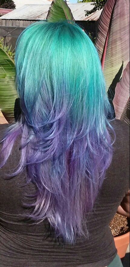 Purple To Teal Ombre Hair, Teal And Lavender Hair, Unique Purple Hair, Light Blue And Purple Hair, Multicolor Hair Dye, Teal Hair Ombre, Turquoise And Purple Hair, Hair Dye Ideas Curly Hair, Colored Tips Hair