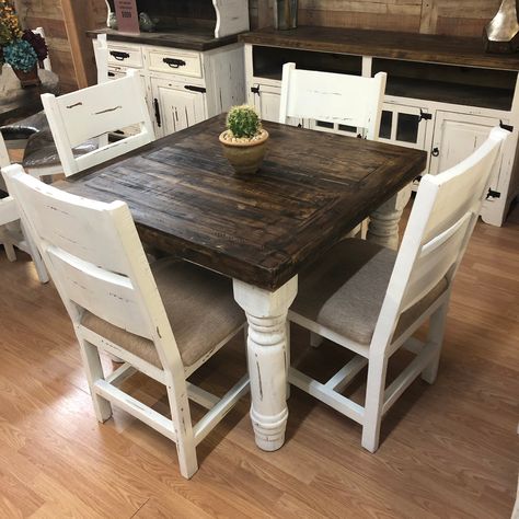 This beautiful square farmhouse table is perfect for any breakfast nook. This dining set comes in a beautiful two tone stain with a bright white distressed base.  This set comes with four chairs This beautiful square farmhouse table is perfect for any breakfast nook. This is a Special Buy and Available for a LIMITED TI Small Square Dining Table, Gatlinburg Restaurants, Farmhouse Style Kitchen Table, White Farmhouse Table, Square Farmhouse Table, Square Kitchen Tables, Square Farmhouse, Rustic Kitchen Tables, Dining Table Makeover