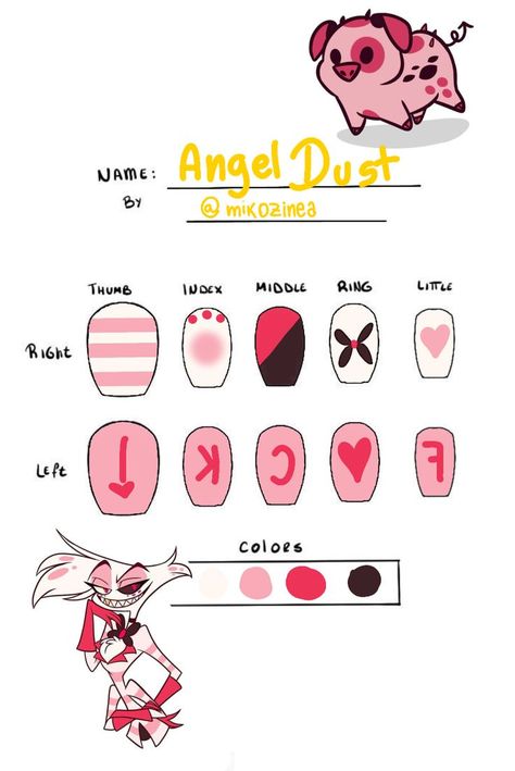 Nail Ideas Characters, Fizzarolli Nails, Hazbin Hotel Inspired Nails, Helluva Boss Nails, Hazbin Hotel Nails, Dust Nails, Hazbin Hotel Helluva Boss, Angel Nails, Crazy Nail Art