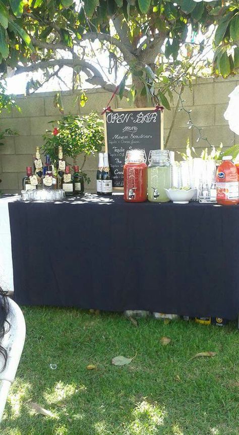 Bar For Outdoor Party, Alcohol Bar Wedding Ideas, Pour Your Own Drink Bar, Self Serve Beverage Bar, Wedding Bar Ideas Self Serve, Self Bar Wedding, Self Serve Drinks Station Wedding, Backyard Bar For Party, Diy Self Serve Wedding Bar