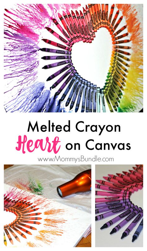 Melt crayons with a blowdryer to create a beautiful art piece or decor for Valentine's Day! Heart On Canvas, Melted Crayon Canvas, Melt Crayons, Melted Crayon Heart, Melted Crayon Crafts, Day Painting Ideas, Melted Crayons, Diy Crayons, Crayon Heart