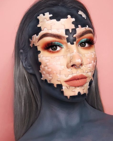 Puzzle Makeup Look, Puzzle Makeup, Illusion Makeup, Unique Halloween Makeup, Fire Makeup, Halloween Puzzles, Avant Garde Makeup, Theatrical Makeup, Beauty Diy