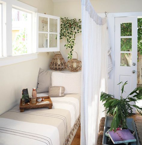 Hosting Overnight Guests in Your Small Home — The Tiny Canal Cottage Tiny House Guest Bed, Guest Bed Small Space, Tiny Guest Bedroom Ideas Spare Room, No Guest Room Solutions, Makeshift Guest Room, Small Guest Room Ideas Maximize Space, Tiny Guest Room Ideas, Guest Sleeping Solutions, Tiny Guest Bedroom