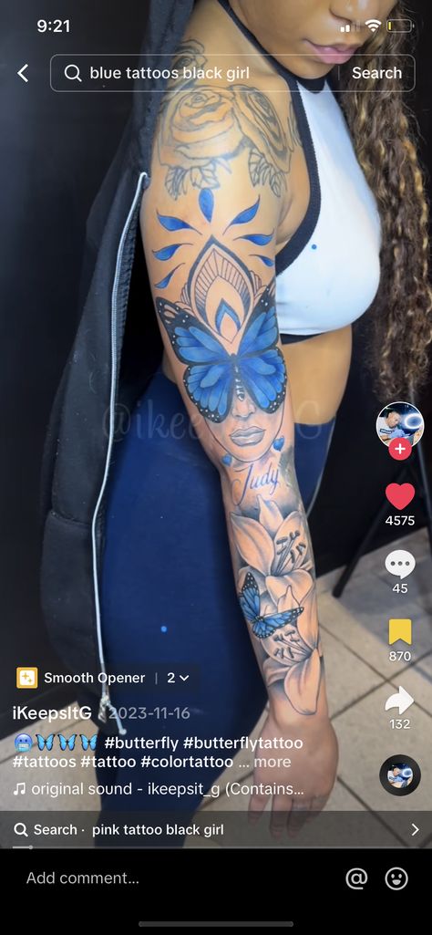 Blue Ink Hand Tattoo, Tattoos With Blue Ink, Colorful Womens Tattoos, Colored Tattoos On Black People, Blue Tattoos On Brown Skin, Blue Back Tattoo, Blue Tattoos For Women Brown Skin, Blue Ink Tattoos Black Women, Blue Sleeve Tattoo