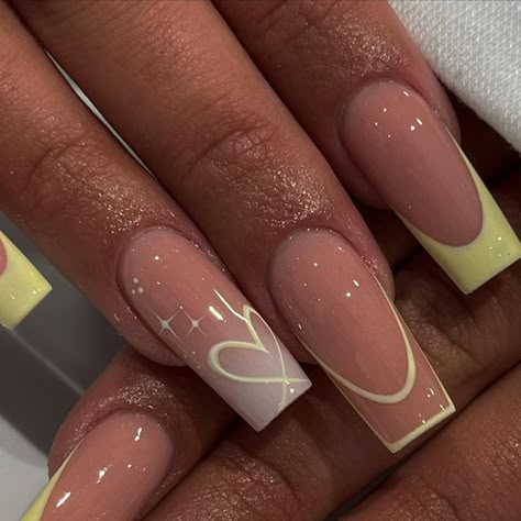 𝐆𝐈𝐀𝐍𝐆’𝐒 𝐍𝐀𝐈𝐋𝐒 on Instagram: "Pretty baby yellow 💛🌼🌙🍋✨ #babyyellow #yellow #yellowflowers #yellownails #frenchtipnails #pastelnails #ombrenail #loveheart #gelnails #acrylicart #acrylicnaildesign #nailtechlife #nailinspo #nailoftheday #nailsalon #dublinnails #nailaddict #naillove #yellowpolish #nailpolish #nailaddiction #nailtrends #nailtrend #naildaily" Baby Yellow Nails Acrylic, Nails 2024 Yellow, Cute Acrylic Nails Yellow, Yellow Hoco Nails, Simple Nails Yellow, Baby Yellow Nails Design, Prom Nails Yellow, Pastel Yellow French Tip Nails, Nails For Yellow Dress