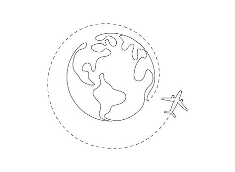 World Travel Drawing, Travel Line Drawing, World Map Drawing Simple, Travelling Symbol, Globe Drawing Simple, World Drawing Earth, World Globe Drawing, Airplane Drawing Simple, Earth Line Drawing