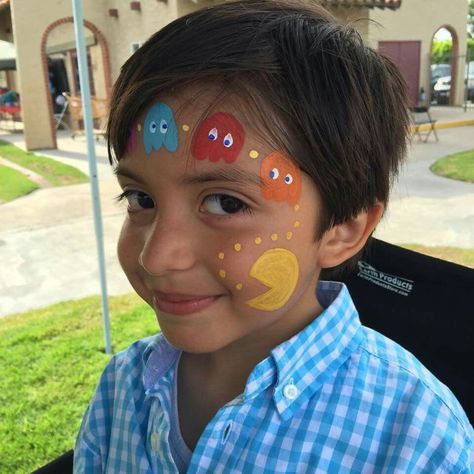 Pac man                                                                                                                                                                                 More Men’s Face Paint, Simple Face Painting Ideas For Adults, Video Game Face Paint, Graffiti Face Paint, Simple Face Painting Ideas For Kids Boys, Easy Face Painting Ideas For Kids Boys, Boy Face Painting Ideas, Boy Face Paint Ideas, Easy Face Painting Ideas For Boys