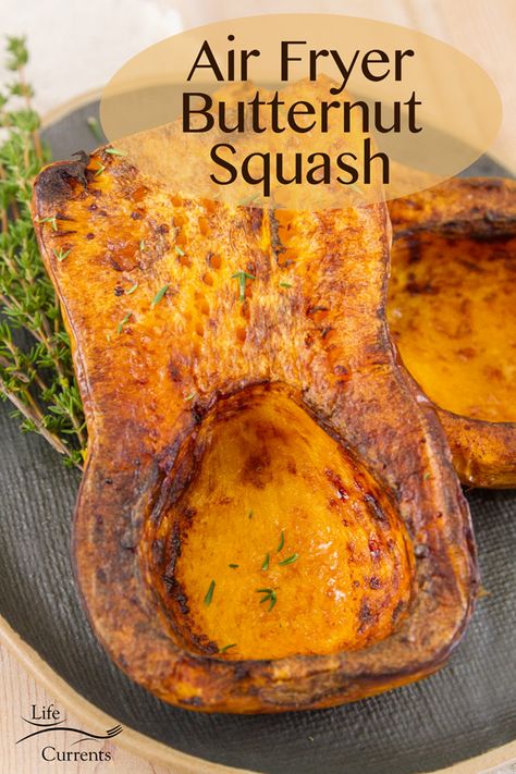 Air Fryer Butternut Squash is a lovely side dish or main dish with the flesh of the squash nicely browned, the squash meat soft and tender, all in a fraction of the time that it would take to roast it in the oven. Butternut Squash Oven, Air Fryer Butternut Squash, Baked Butternut Squash, Air Fry Recipes, Vegetarian Main Dishes, Butternut Squash Recipes, Air Fryer Dinner Recipes, 4 Images, Air Fryer Recipes Easy