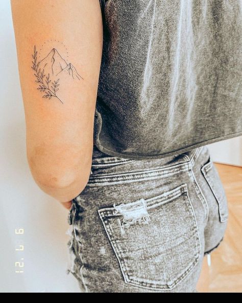 Elegant Western Tattoos, Mountain With Wildflowers Tattoo, Small Mountain Tattoos For Women Forearm, Sunshine Mountain Tattoo, Mountain Name Tattoo, Mountain With Stars Tattoo, Mountain Floral Tattoo, No Shade Tattoos, Floral Mountain Tattoo