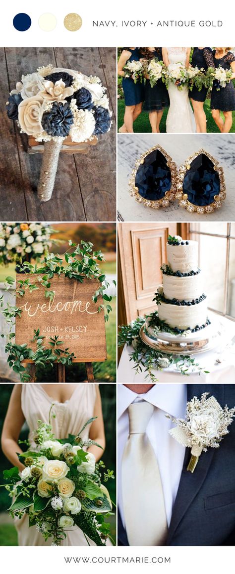 Navy Gold Wedding Flowers, Navy And Gold Rustic Wedding, Navy Emerald Gold Wedding, Navy Blue And Tan Wedding Theme, Wedding Color Schemes Navy Blue And Gold, Navy Blue And Champagne Wedding Colors Wedding Ceremony Decor, Champagne And Navy Wedding, Wedding Cake Navy Gold, January Wedding Colors