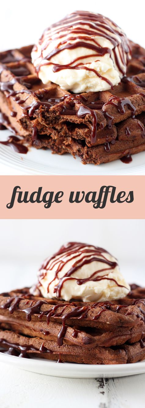 Fudge Waffles are the ultimate dessert for breakfast loaded with rich chocolate flavor and topped with ice cream and fudgy chocolate sauce! You’re going to LOVE these! Waffles With Ice Cream, Waffles Chocolate, Brunch Dessert, Waffle Iron Recipes, Dessert Waffles, Waffle Maker Recipes, Chocolate Breakfast, Chocolate Waffles, Waffle Recipes