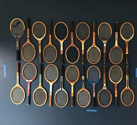 Sports Bar Wall Decor Ideas, Tennis Racket Display Ideas, Womens Locker Room Design, Tennis Pro Shop Design, Sports Bar Design Ideas, Vintage Tennis Racket Decor Wall Art, Tennis Racquet Decor, Vintage Sports Bar, Tennis Bar