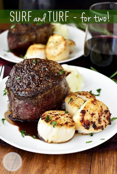 Surf and Turf for Two #glutenfree | iowagirleats.com Pan Sauce, Surf And Turf, Iowa Girl Eats, Sea Scallops, Dinner Easy, Beef Dishes, Meals For Two, Steak Recipes, Meat Recipes