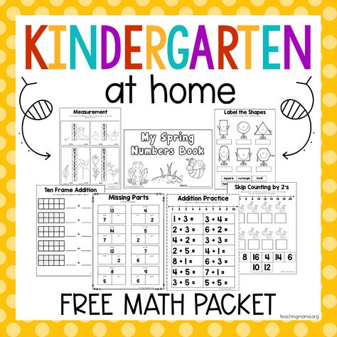 Kindergarten At Home Math Packet - Teaching Mama Teaching Kindergarten At Home, Kindergarten Math Activities At Home, Teaching Math Kindergarten, Home School Kindergarten, Kindergarten At Home, Kindergarten Math Curriculum, Kindergarten Math Free, Teaching Mama, Kindergarten Worksheets Free Printables