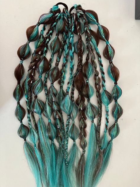 Mermaid Teal Brunette With Iridescent Tinsel and Ocean Charms - Etsy Rave Hair Extensions, Mint Green Hair, Festival Braids, Rave Hair, Kanekalon Hairstyles, Bubble Braids, Teal Hair, Turquoise Hair, Ponytail Hair Extensions