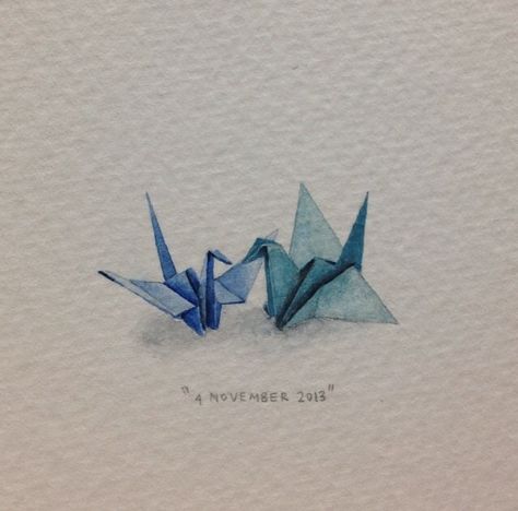 Origami Crane Tattoo, Origami Drawing, Paper Crane Tattoo, Blue Origami, Origami Tattoo, Crane Tattoo, Miniature Watercolor, Origami Cranes, Paper Cranes