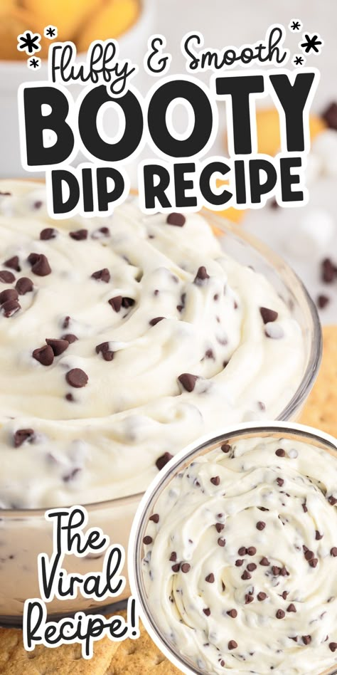 Booty dip is a viral TikTok dessert recipe that is no bake, super fluffy, and very addicting! Chocolate Chip Cheesecake Dip Recipe, Chocolate Chip Cheesecake Dip, Cookie Dippers, Fondue Sauces, Types Of Dips, Backyard Party Food, Christmas Eve Food, Cookie Dip, Cheesecake Dip Recipe