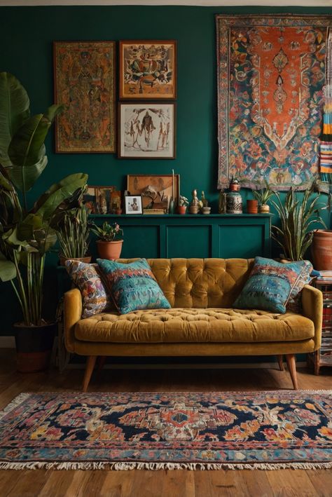 bohemian living room decor, rug decor, rug patterns, eclectic design style, bohemian decorating ideas, modern bohemian decor, interior design trends Vibrant Color Interior Design, Bold Maximalist Decor, Eclectic Colour Palette, Hippie Interior Design, Colourful Interior Design, Peach Living Rooms, Eclectic Sofas, Modern Eclectic Living Room, Modern Eclectic Interior