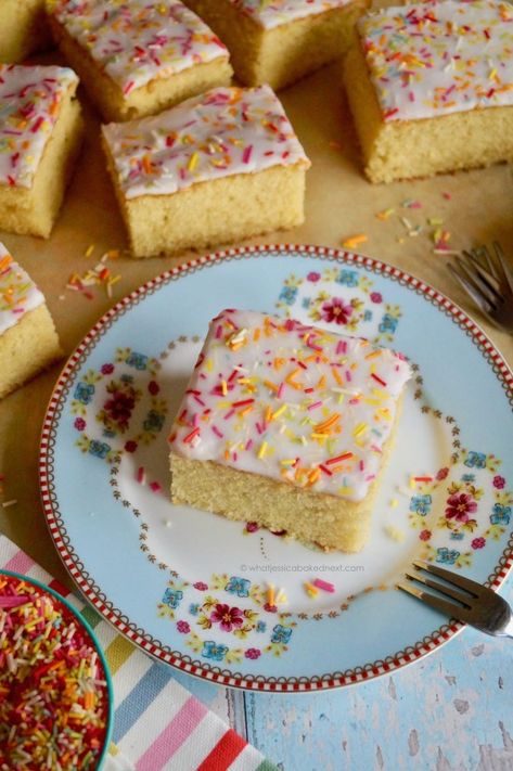 School Cake – What Jessica Baked Next Old School Cake Recipes, Vanilla Traybake, Moon Treats, Vanilla Sprinkle Cake, School Cake Recipe, Old School Cake, British Cakes, Old Fashioned Cake, Prosecco Party