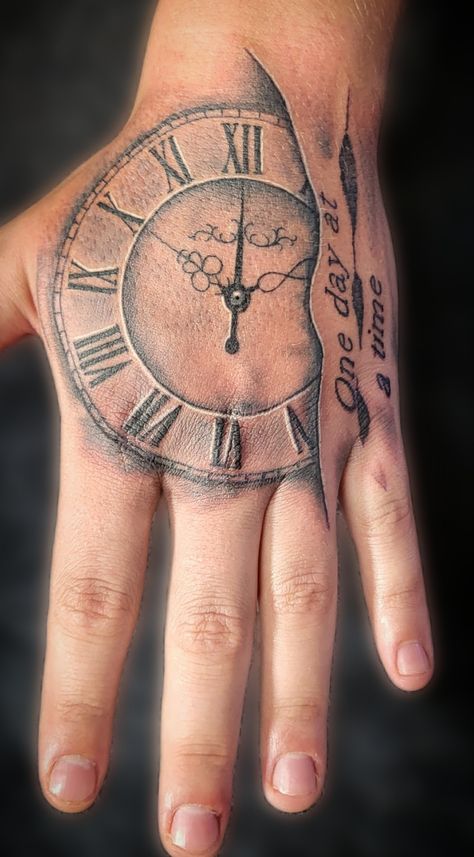 Tattoo Ideas On Hand For Man, Clock Hand Tattoos For Guys, Hand Clock Tattoo Design, Clock Tattoo Design For Men Hand, Creative Hand Tattoos For Men, 777 Tattoo On Hand, Clock Hand Tattoo Stencil, Clock Tattoo Design Hand, Tattoo Themes Men