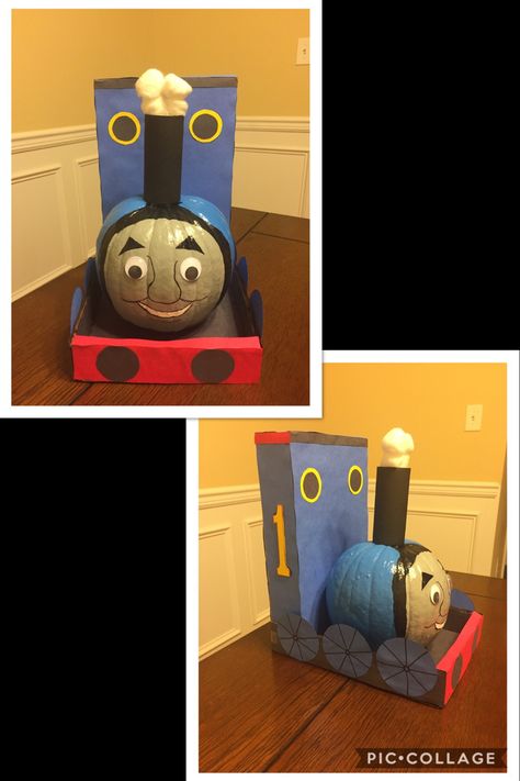 Thomas The Train Pumpkin Painting, Pumpkin Train Ideas, Tissue Box Decoration Ideas, Storybook Pumpkin Ideas For Boys, Thomas The Train Pumpkin, Elephant Baby Shower Theme Girl, Train Craft, Book Character Pumpkins, Bear Pumpkin